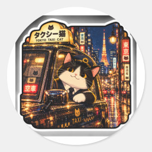 Redonda Pegatina de gato de taxi de Tokio Arte nocturno