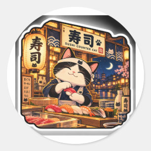 Redonda Pegatina de gato en la barra de sushi Arte de ba