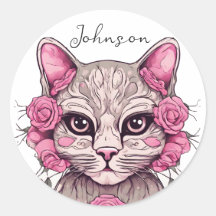 Pegatina de gato floral y rosas rosadas