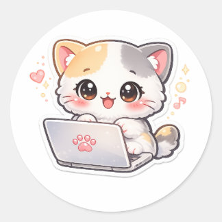 Redonda Pegatina de gato kawaii en portátil | Gato kawaii 