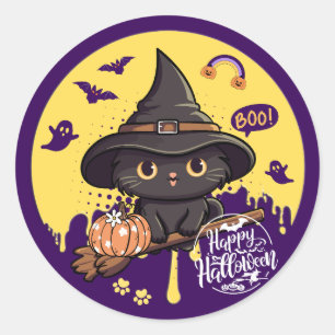 Redonda Pegatina de gato lindo de Halloween