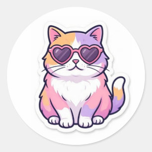 Redonda Pegatina de gato multicolor con gafas de sol con f