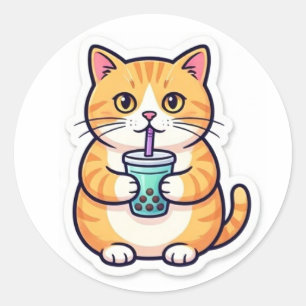 Redonda Pegatina de Gato Naranja Bebiendo Jugo Divertido G