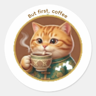 Redonda Pegatina de gato naranja lindo bebiendo té café
