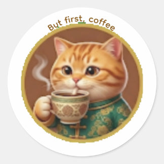 Redonda Pegatina de gato naranja lindo bebiendo té café