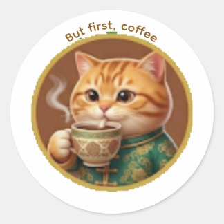 Redonda Pegatina de gato naranja lindo bebiendo té café