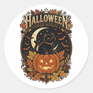Redonda Pegatina de gato negro de Halloween vintage