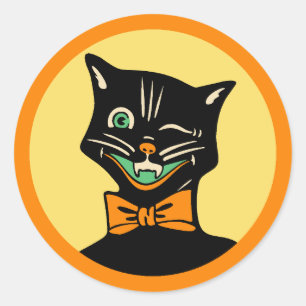 Redonda Pegatina de gatos de Halloween de estilo Art Deco