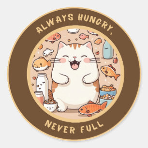 Redonda Pegatina de gatos hambriento - Diseño del humor ka