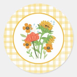 Redonda Pegatina de girasol de gingham amarillo