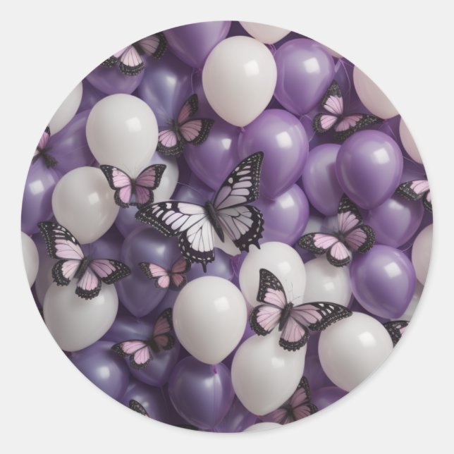 Redonda pegatina de globos blancos púrpura (Anverso)