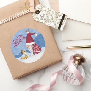 Redonda Pegatina de gnomo de Navidad nevado zorro pájaro