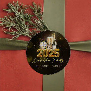 Redonda Pegatina de Gold Champagne Happy New Year 2025