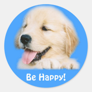 Redonda Pegatina de Golden Retriever Puppy "Be Happy"