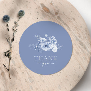 Redonda Pegatina de "Gracias" Floral Azul Polvoriento