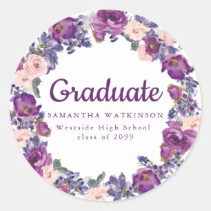 Redonda Pegatina de Graduación Floral Púrpura y Rosa