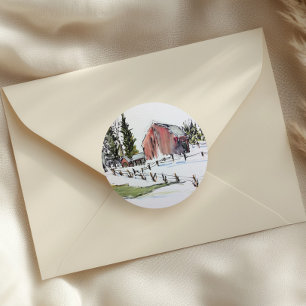 Redonda pegatina de granero rojo, acuarela nevada de tinta