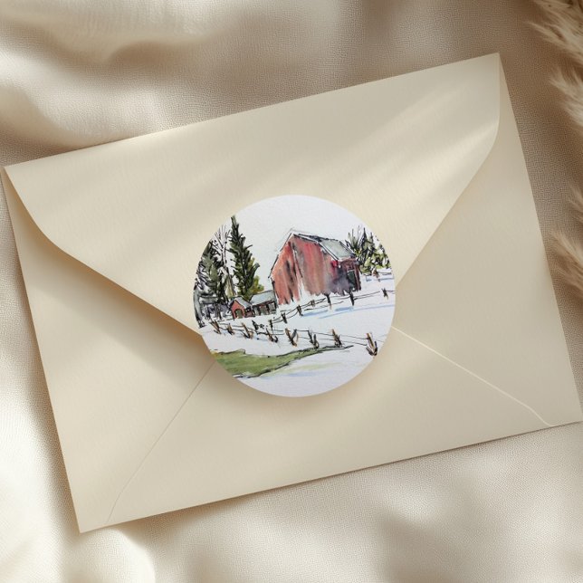 Redonda pegatina de granero rojo, acuarela nevada de tinta (Subido por el creador)