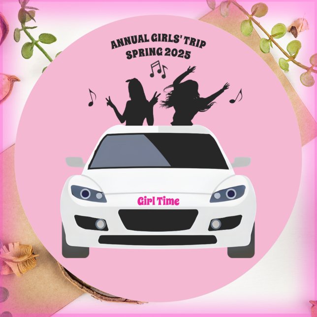 Redonda Pegatina de grupo de viaje anual de chicas Pink (Girls Trip Squad Sticker Pink Black and White)
