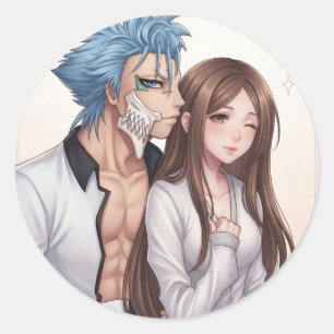 Redonda Pegatina de guerrero de anime de pelo azul y compa
