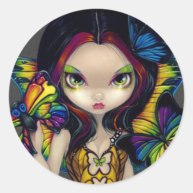 Redonda pegatina de "Hada con máscara de mariposa" (Anverso)