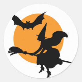 Redonda Pegatina de Halloween con bruja voladora.