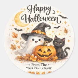Redonda Pegatina de Halloween de Fantasma Lindo y Gato Neg