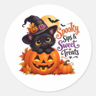 Redonda Pegatina de Halloween de gato negro espeluznante y