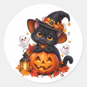 Redonda Pegatina de Halloween de gato negro y calabaza