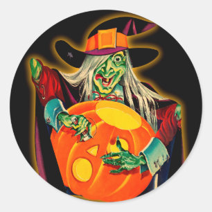 Redonda Pegatina de Halloween de la bruja del vintage