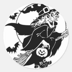 Redonda Pegatina de Halloween de la bruja en vuelo -