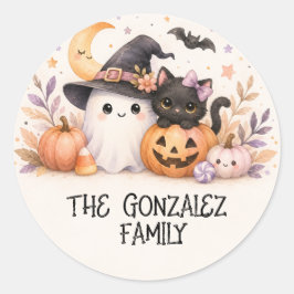 Redonda Pegatina de Halloween de la familia de gatos fanta