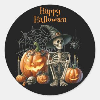 Redonda Pegatina de Halloween de Skeleton Pumpkins
