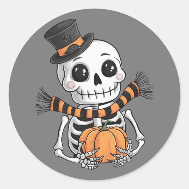 Redonda Pegatina de Halloween en el Ilustracion Cute Skele (Anverso)