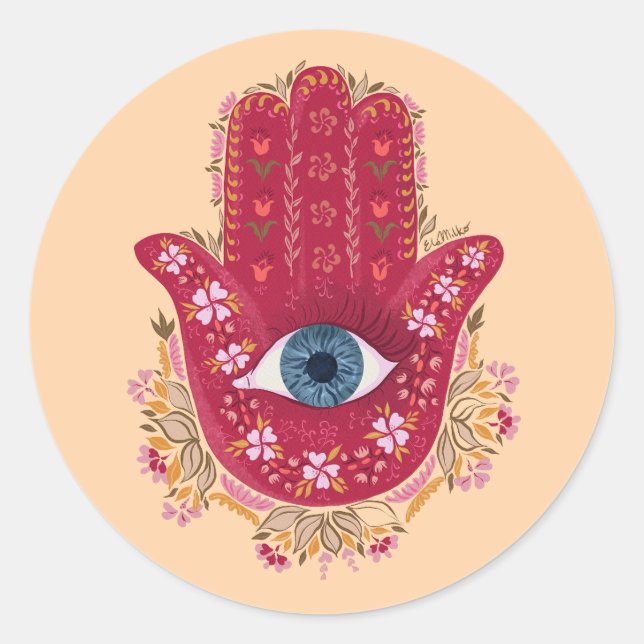 Redonda Pegatina de Hamsa Hand_Magenta_Cream (Anverso)
