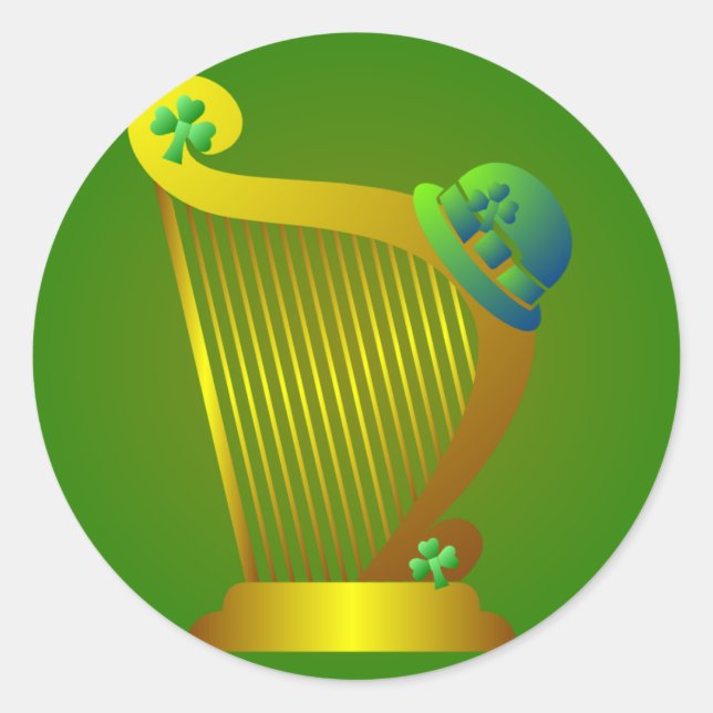 Redonda Pegatina de Harp Shamrock de St. Patrick's Day (Anverso)