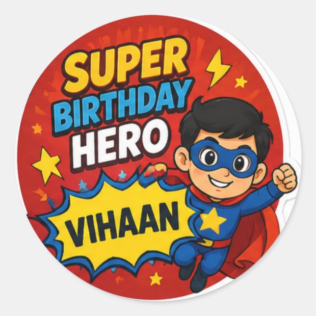 Redonda Pegatina de héroe de cumpleaños superpersonalizado (Anverso)