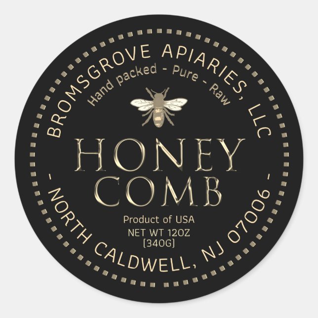Redonda Pegatina de Honeycomb negro oro metálico con abeja (Anverso)