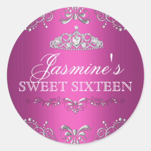 Redonda Pegatina de Hot Pink Silver Damask & Tiara Sweet 1