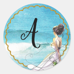 Redonda Pegatina de Ilustracion de bodas de playa