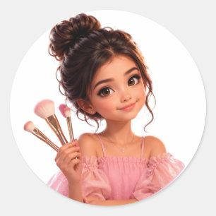 Redonda Pegatina de ilustración de niña linda con pinceles
