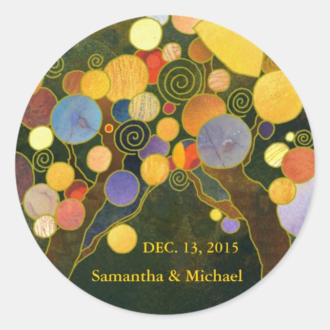 Redonda Pegatina de invitación a bodas de árboles amorosos (Anverso)