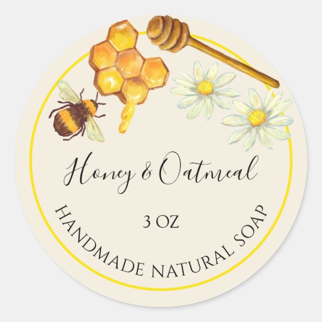 Redonda Pegatina de jabón hecho a mano Miel y avena (Anverso)