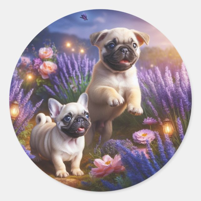 Redonda Pegatina de jardín caprichosa de pug y frenchie (Anverso)
