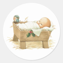 Redonda Pegatina de Jesús bebé en el pesebre