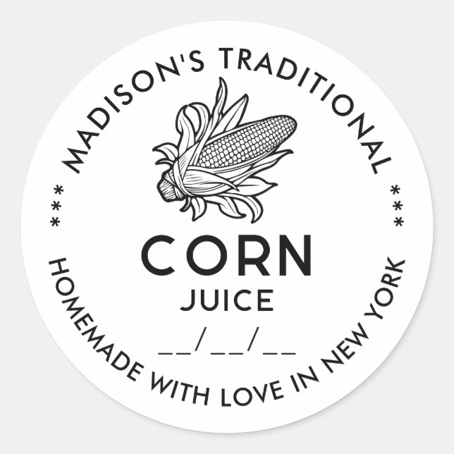 Redonda Pegatina de jugo de maíz negro y blanco con mazorc (Anverso)