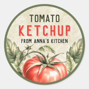 Redonda Pegatina de kétchup de tomate con fondo vintage