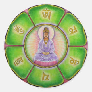 Redonda Pegatina de Kuan Yin "Om Mani Padme Hum"