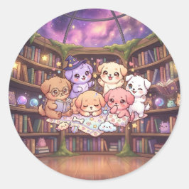 Redonda Pegatina de la Biblioteca del Cachorro Adorable