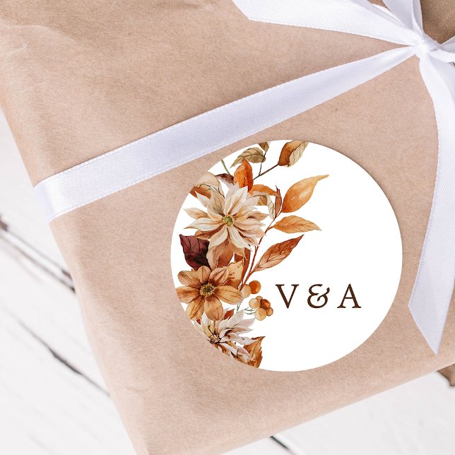 Redonda Pegatina de la boda de otoño rústica (Rustic Fall Watercolor Floral Wedding Sticker Monogrammed by Painted Paperie)